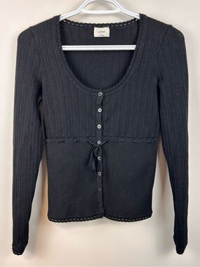 Aritzia Wilfred Ribbed Knit Cardigan Black Button Front Tie Fitted Sweater SizeM